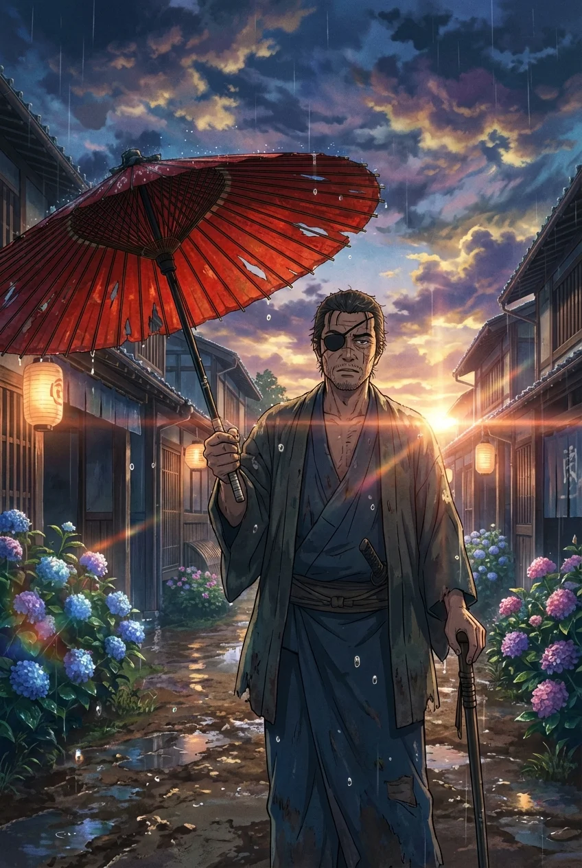 鈍色の雨、紅の傘